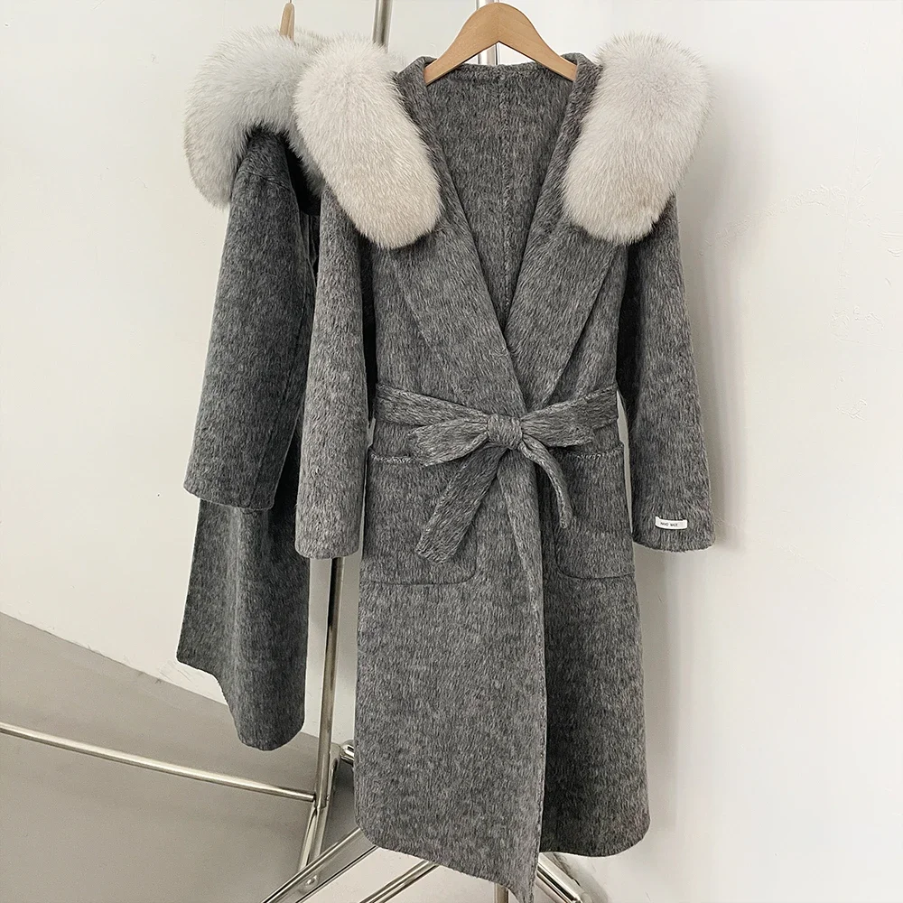 OFTBUY Luxuriöse Wolljacke mit Echtfellkragen und Kapuze, 100% Wollmantel für Damen, Neue Herbst-Winter-Lange Kleidung mit Natürlichem Fell – Detail 11