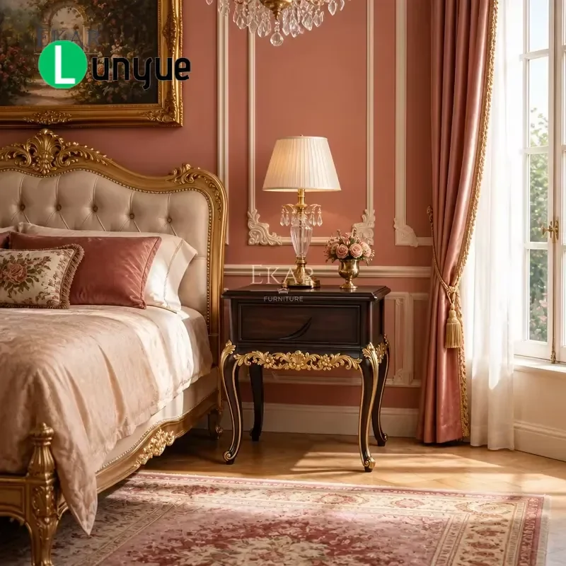 Vintage Walnut Gold Plated Drawer Bedside Table Luxury French Classic Nightstand with Engraved Lace Elegant Bedroom Furniture