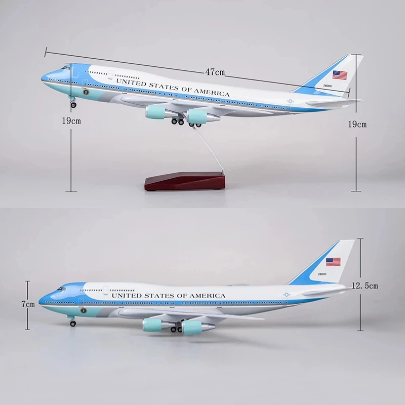 Air Force One B747 vliegtuigmodel schaal 1:150 18,5 inch lengte speelgoedvliegtuigen voor kinderen met LED-verlichting sterk gesimuleerde hars