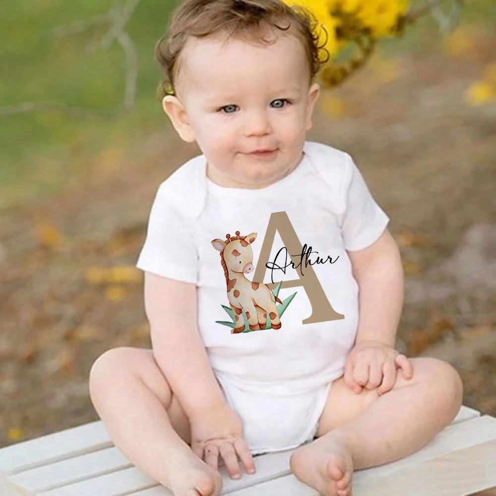 Personalized Baby Babysuit Initial with Name Wild One Newborn Romper Safari Animals Print Outfit Baby Clothes Infant Shower Gift