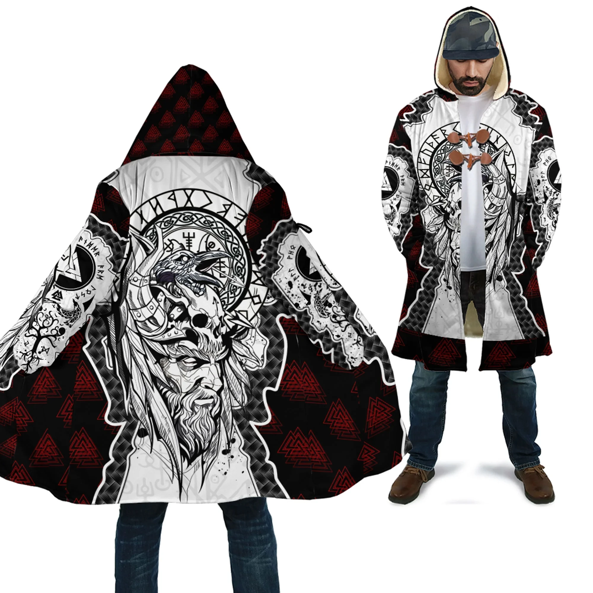 Odin and Valknut Tattoo 3D All Over Printed Men's Fleece Hooded Cloak Winter Unisex Casual Thick Warm Cloak Coats PF118