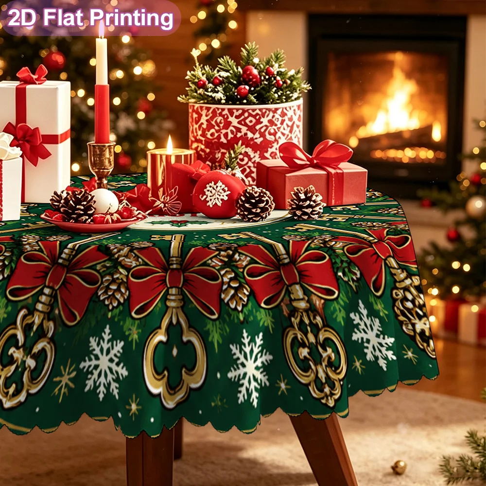 2D flat single piece, Merry Christmas key wreath floor mat, printed farmhouse style round tablecloth