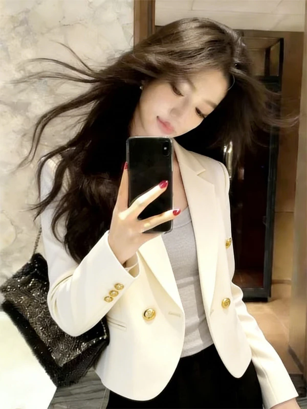 White Short Tailored Jacket Women's Casual Double-Breasted Spring Summer New Style Small Size Versatile Commute Style Coat