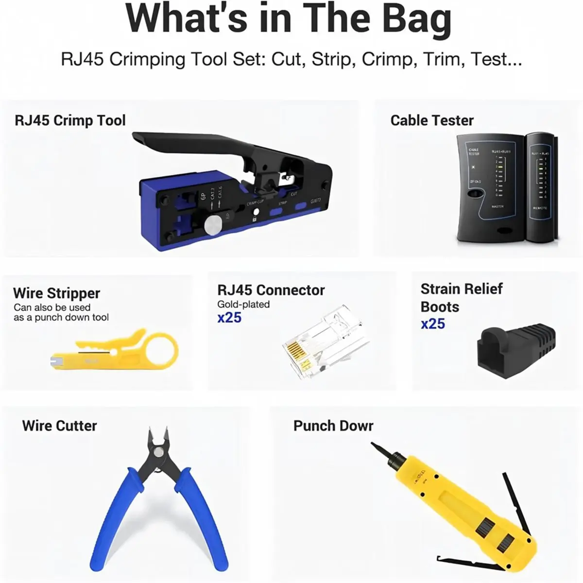 Professional RJ45 Crimping Tool Kit, Ethernet Crimper Cable Tester, Wire Stripper, Cable Cutter, Trapezoidal Punch