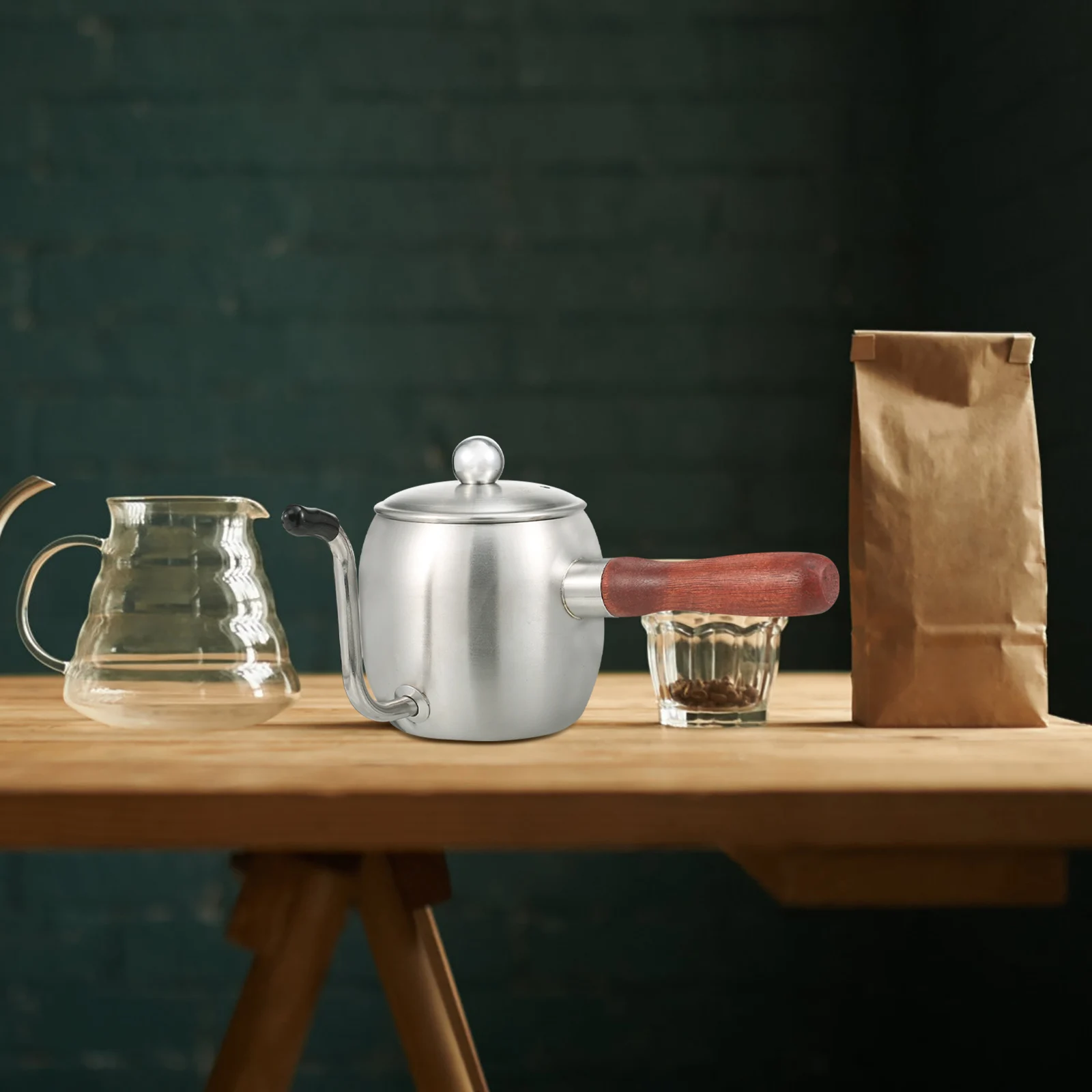 

Coffee Pot Stainless Steel Wood Long Mouth Kettle Suitable Kitchen Office Cafe Tea House Easy Clean Heat Resistance