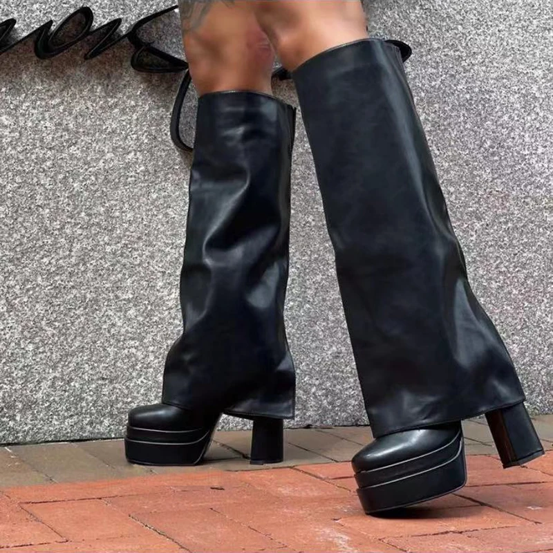 Wide Fit Overlay Shoes Women High Chunky Heel Knee High Platform Boots Fold Over Square Toe Slip on Long Booties