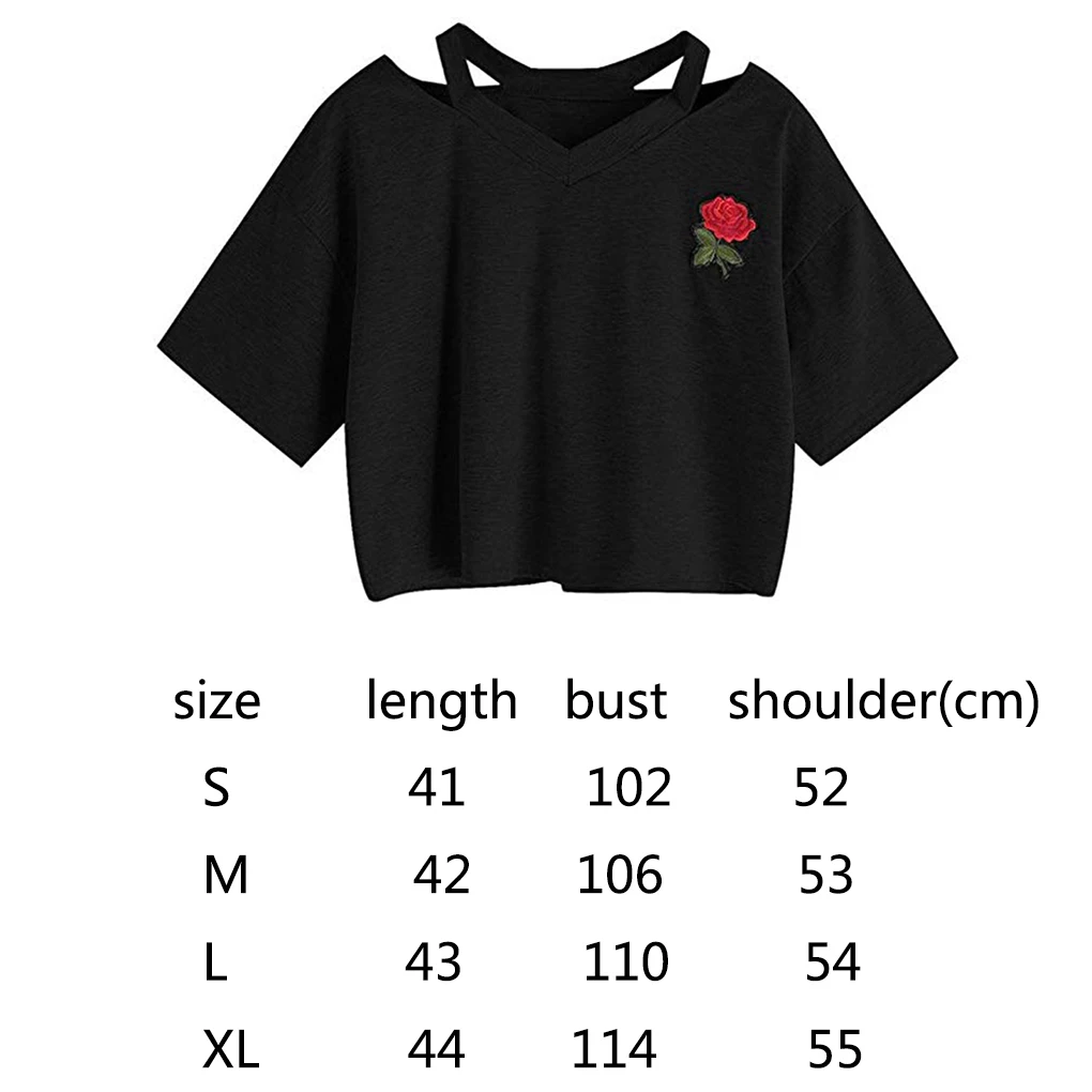 Femmes Sexy col en v brodé Rose T-Shirt court haut pour femme filles Blouse