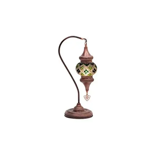 LaModaHome English Moroccan Handmade Mosaic Glass Swan Neck Table Lamp Light with Decorative Copper Fixture for Bedroom, Livingr