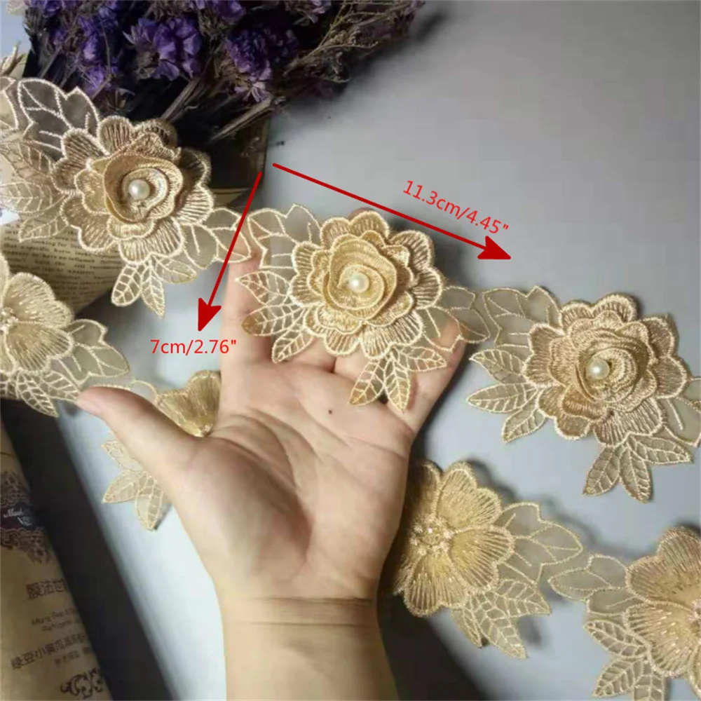 1 Yard Vintage Gold Polyester Perle Blume bestickt Spitzenbesatz Band Stoff handgemachte Kleidungsstück Hochzeitskleid Nähen Handwerk