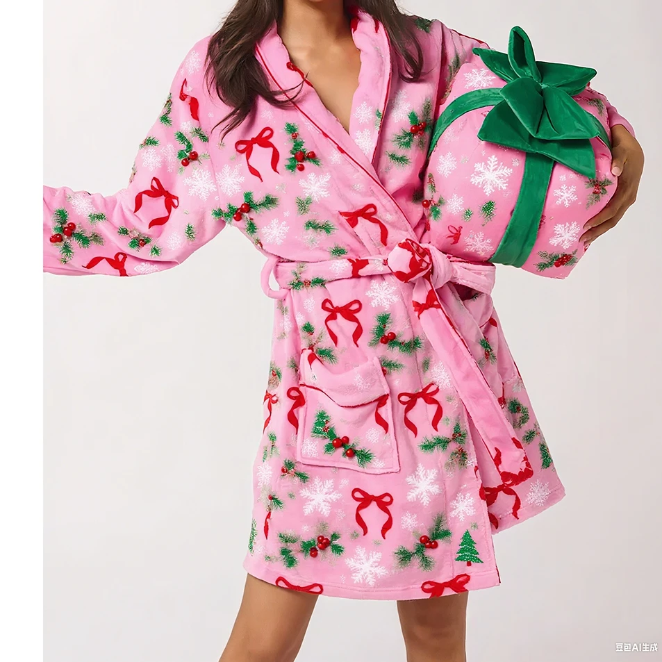 

Рождественский женский халат, милый бант/клетчатый/полосатый мягкий теплый халат с длинными рукавами и поясная одежда для дома