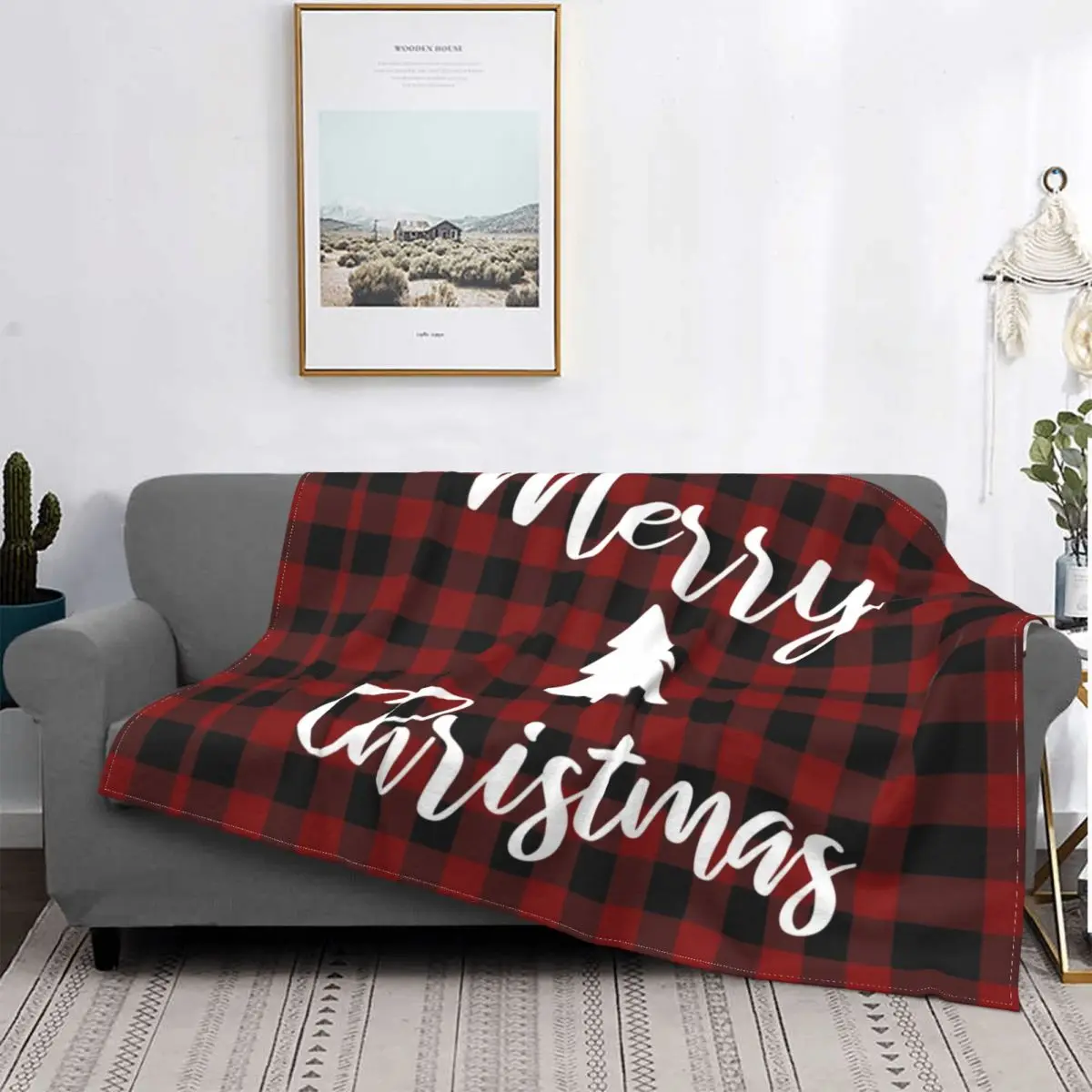 

Red Plaid Letters Merry Christmas Knitted Blanket Flannel Nordic Retro New Year Super Warm Blanket Bed Bed Rug