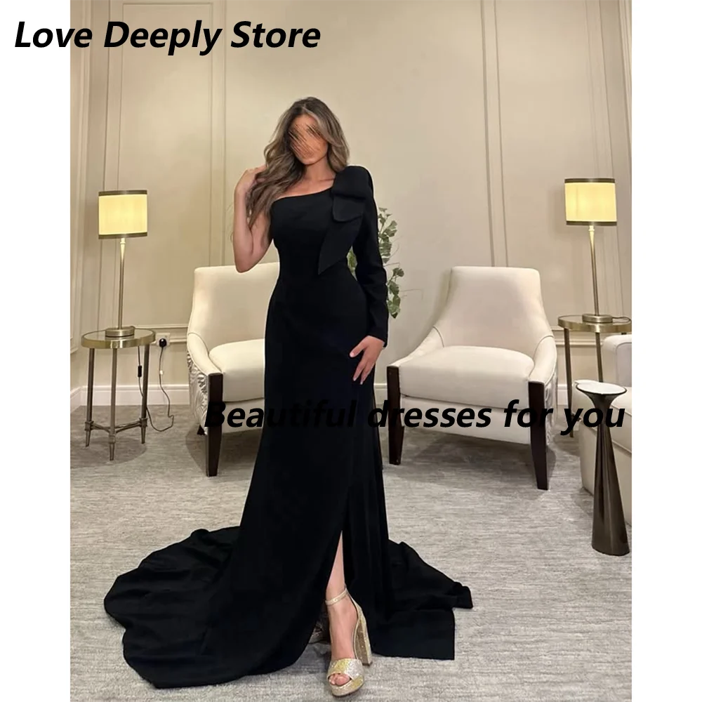 Red Jersey Evening Dress Customized One Shoulder Long Sleeves Mermaid Sweep Train Formal Party Gown Custom Size Prom Dress