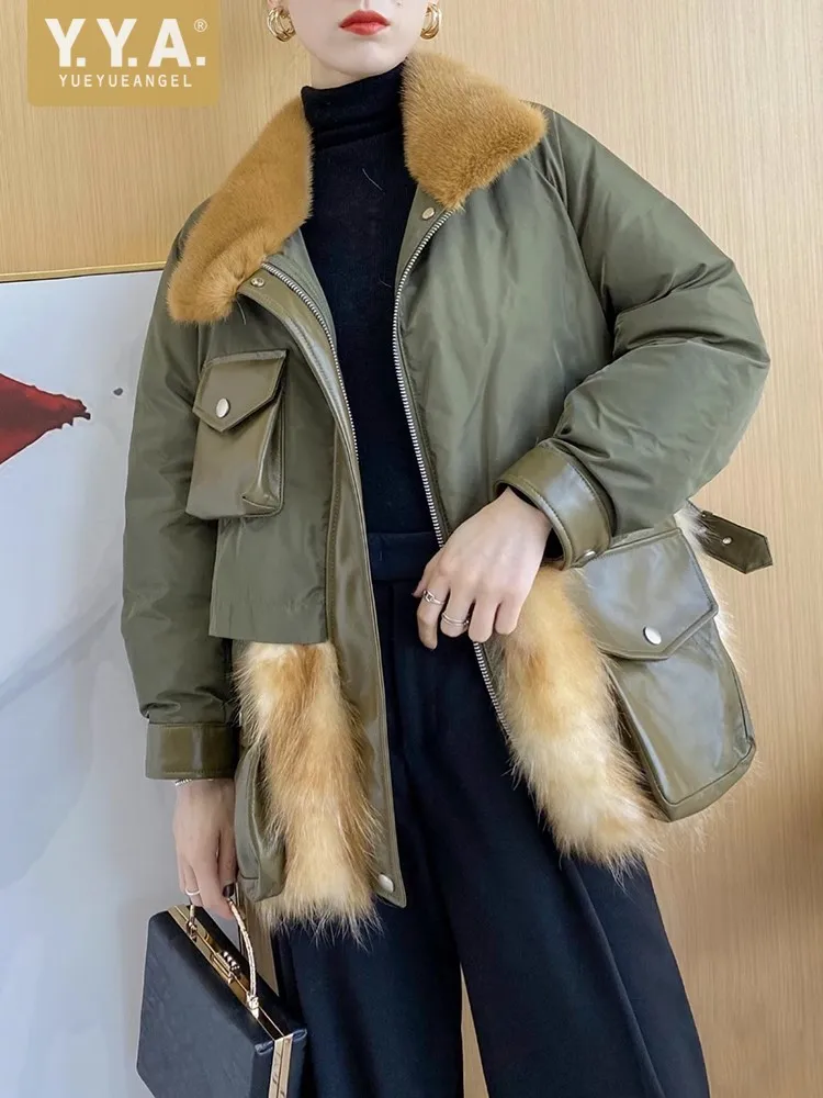 Winter New Fashion Women Down Coat Mink Hair Collar Fashion Spliced Sheepskin Fox Fur Casual Outerwear Zipper Warm Cargo Jacket