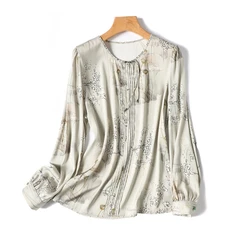 Satin Women's Shirts Printed Silk Vintage Blouses Loose Summer O-Neck Clothing Long Sleeves Women Tops