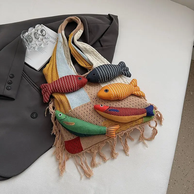 

Design Knitted Shoulderbag Original Fashion Versatile Tassel Contrastcolor Fish Pattern Handbag Large Holiday Beach Commuter Bag