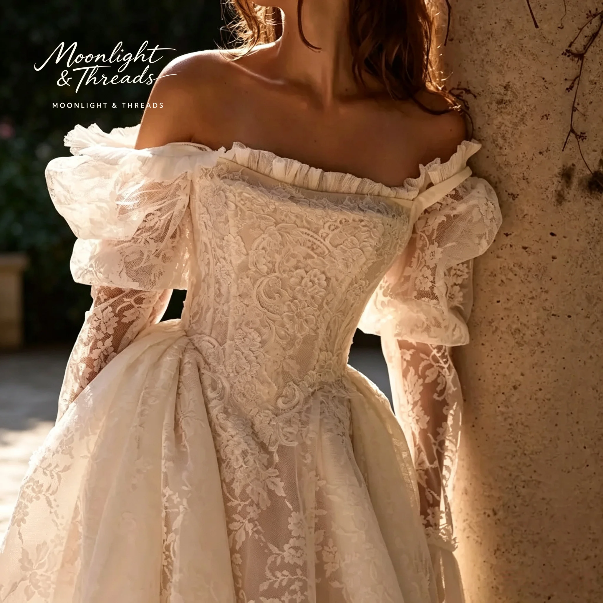 Embroidery White Dress - ชุดเดรสยาวสีขาวงาช้างแบบเปิดไหล่ แขนยาว กระโปรงผ้าทูลล์ ยาวถึงพื้น สำหรับงานแต่งงานหรืองานพิธีการ พร้อมโครงเสริมและงานปักลูกไม้
