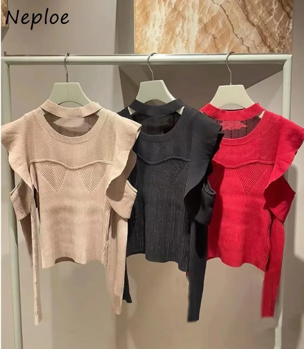 Neploe Solid Half-high Collar Butterfly Sleeve Pullovers Slim Fit Off Shoulder Ruffles Jumper Japan Moda Knit All-match Tops