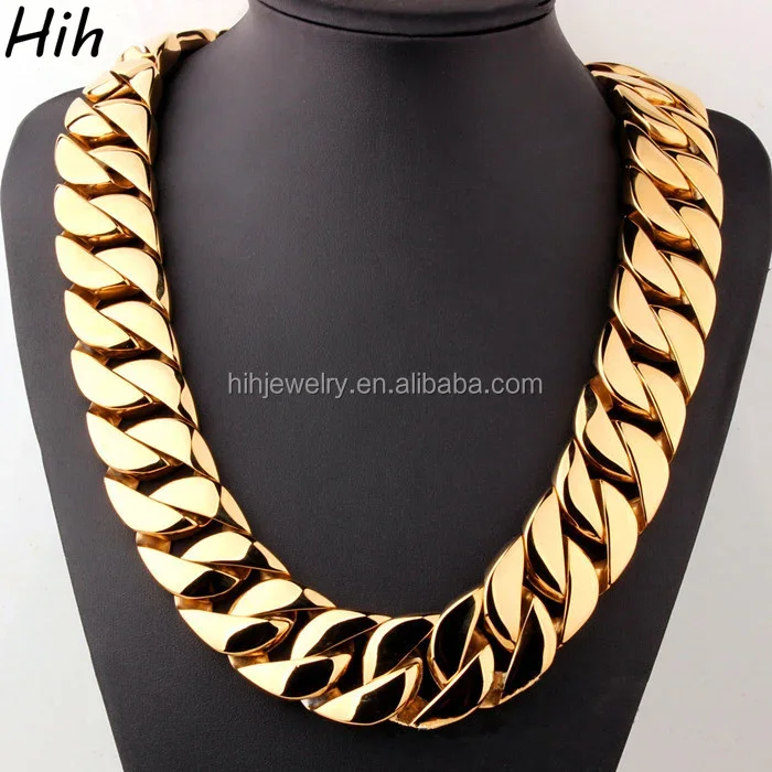 High quality big size 316l stainless steel 18K gold plated men necklace heavy h ip hop chunky cuban chain jewelry