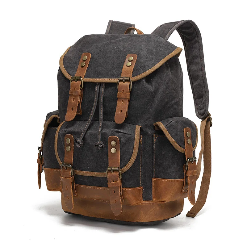 Waxed Canvas Backpack Men\'s outdoor shoulder casual student bag large capacity travel backpack canvas leather climbing bag