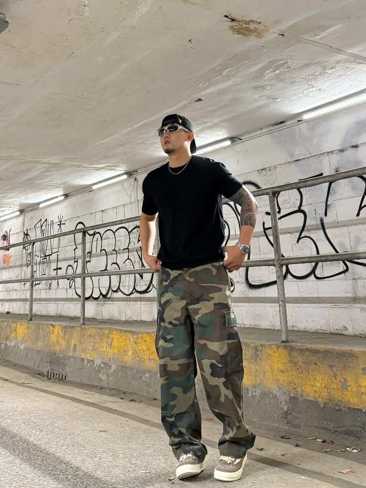 American Vintage Military Camouflage Loose Work Pants Waed ket Long Trousers Retro Military Trendy Youth Casual Pants