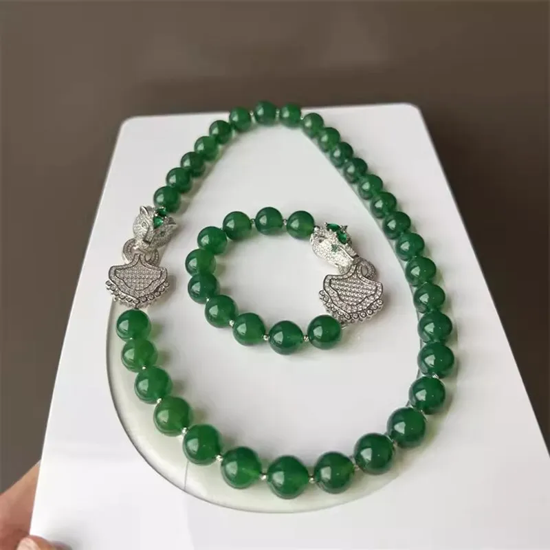 

one set green agate round 12mm necklace bracelet 45cm wholesale beads nature FPPJ leopad clasp