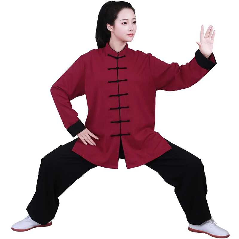 

Chinese Traditional Elastic Cotton Linen Tai Chi Uniform Martial Arts Performance Morning Exercise Group Competition Costumes