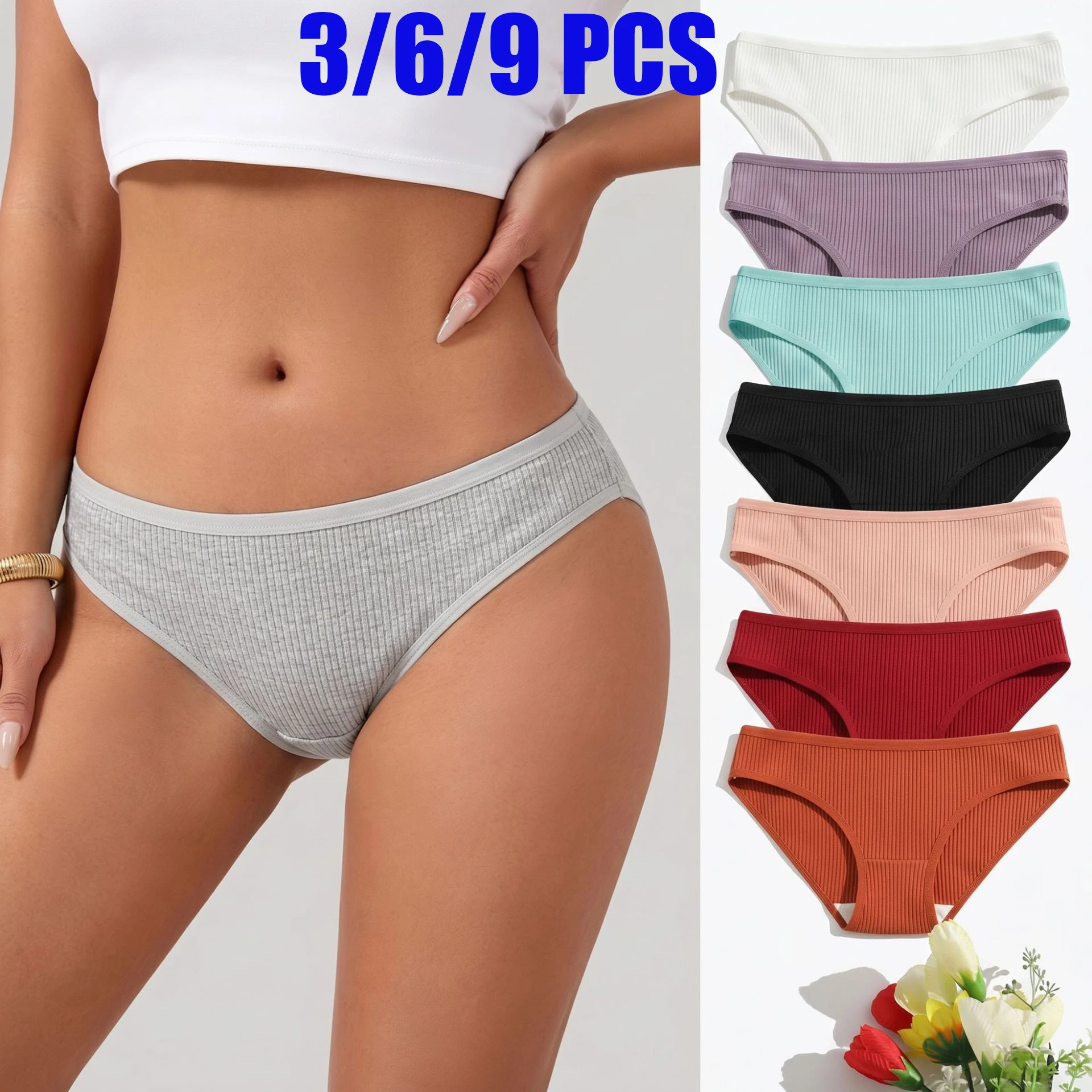 3/6/9 pezzi di biancheria intima da donna in cotone a coste, colore unico, vita bassa, traspirante, con doppio cavallo, morbida e confortevole, slip p