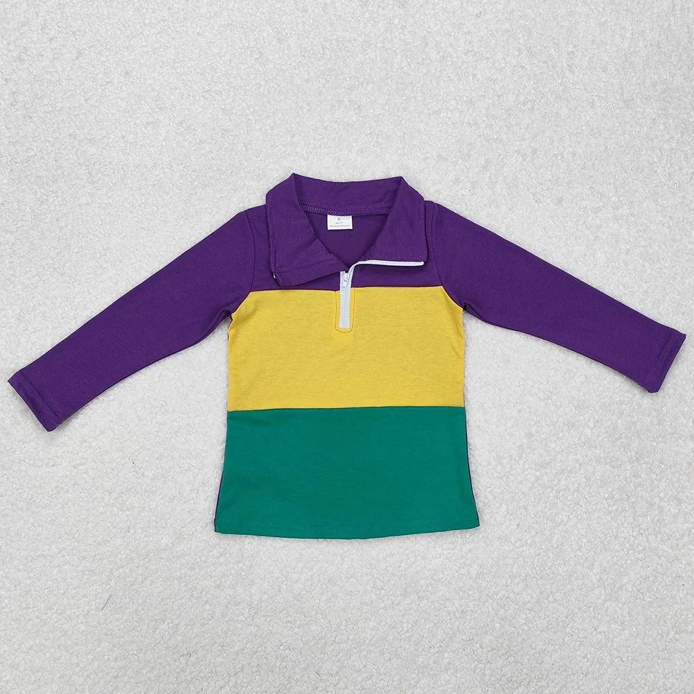 Hot Sale Baby Boys Clothes Mardi Gras Purple Zip Tee Shirts Tops Boutique Kids Designer Clothes Boys Pullovers Top Boys T-shirts