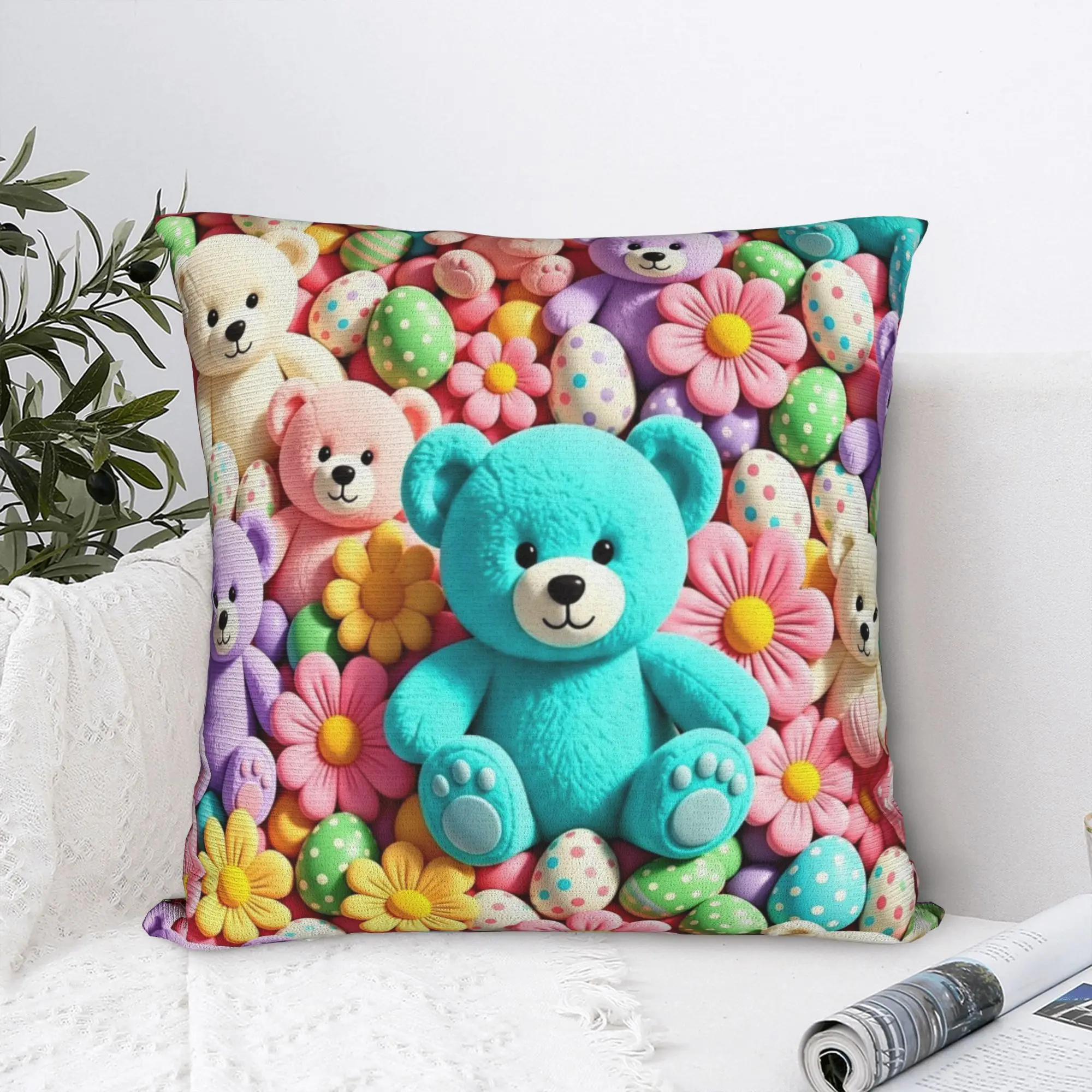 3D Teddys Bear Sweet Cartoon Lovely Square Pillow Case Candy Flower Cushion Cover Decor Throw Pillow Case Cover for Sofa 40x40cm
