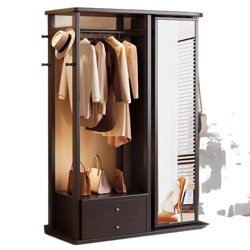 

Solid wood coat rack floor-to-ceiling bedroom hanger with mirror home entry rotatable dressing mirror