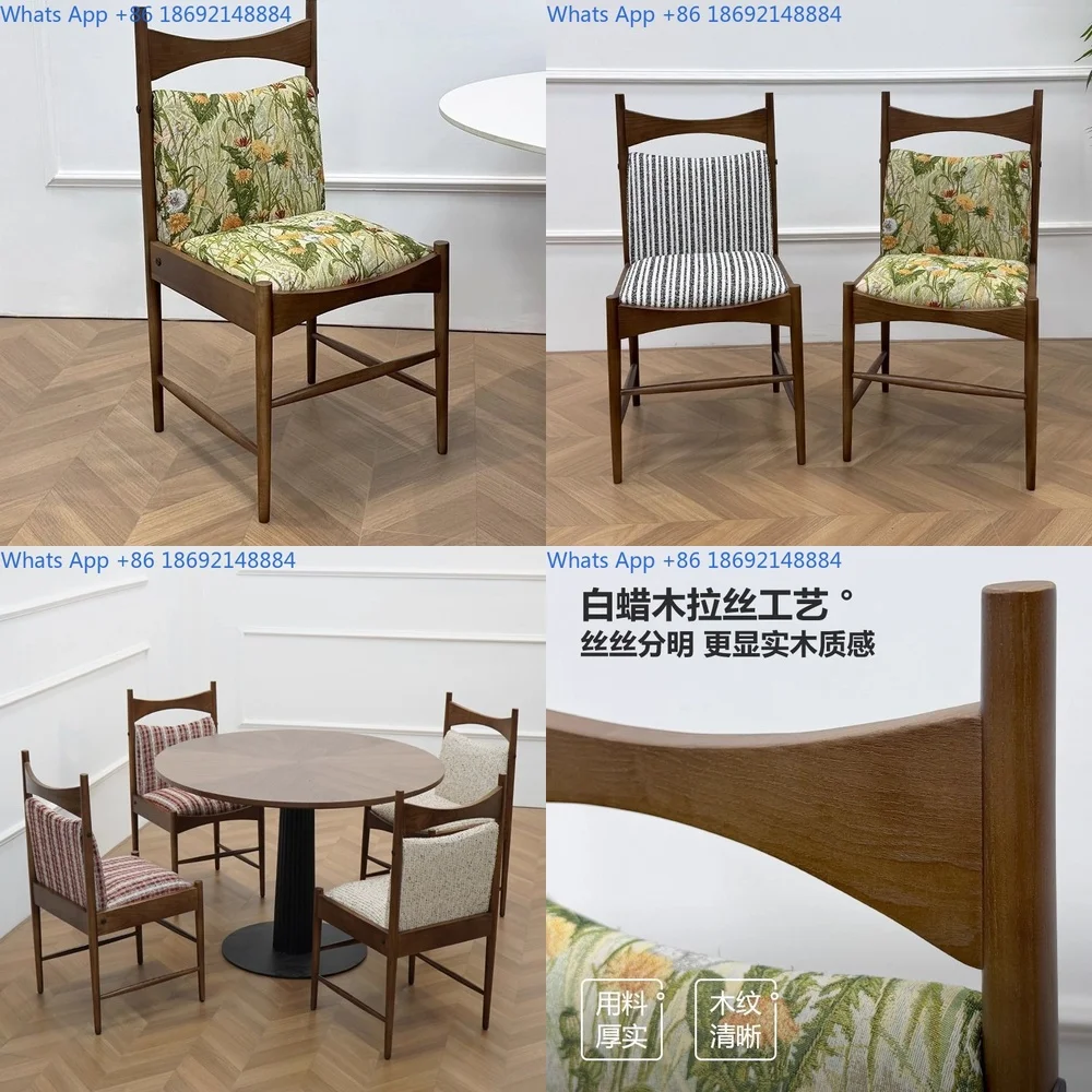 Retro Style Solid Beech Wood Dining Chair French Vintage Fabric Chair for Home Hotel  Furniture