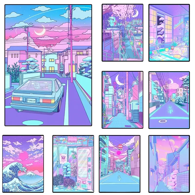 Vaporwave Neon City Street Canvas Poster  s Korean Moon Anime Wall Art Prints for Kids Kawaii Room Decor