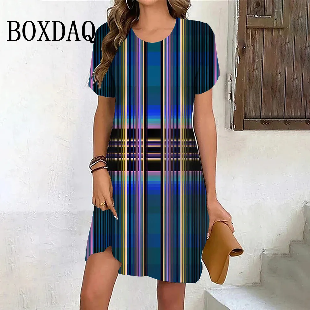 Fashion Women Colorful Gradient Striped Dresses For Summer 2024 Plus Size New Dress Casual Short Sleeve 3D Print A-Line Dresses