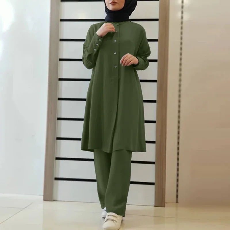 Muslim 2 Piece Set Women Casual Blouse Single Breasted Top Wide Leg Pants Suit Morocco Dubai Trousers Outfits Arab Ensemble