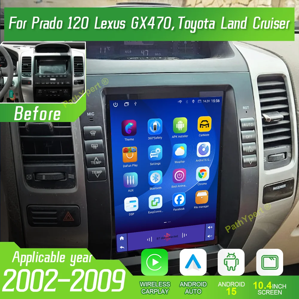 10.4'' Android15 Car Video For Prado 120 Lexus GX470 For Toyota Land Cruiser 2002-2009 Multimedia Player Bluetooth 4G Head Unit