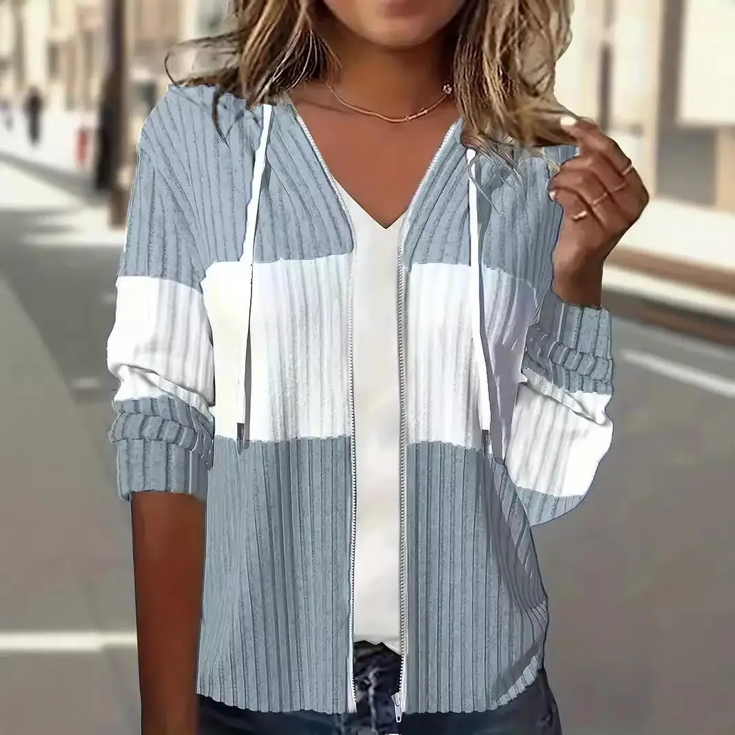 2024 Cappotto con cappuccio con cerniera da donna Caldo plaid Autunno Inverno Faion Capispalla casual Lungo Sve Materiale PU Nessun marchio