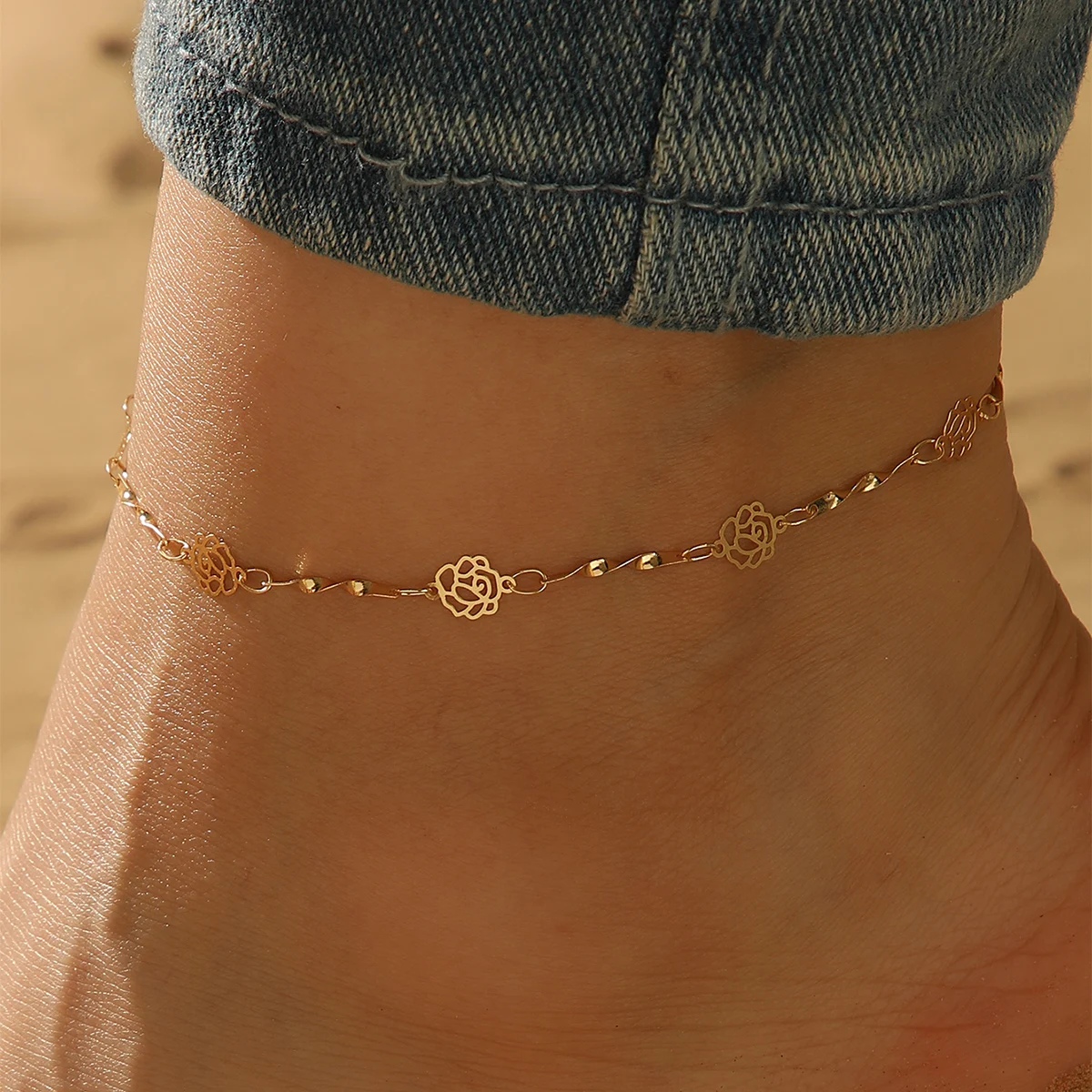 Boho Lotus Flower Anklets Barefoot Crochet Sandals Foot Jewelry On Foot Leg Ankle Bracelets For Women Leg Chain