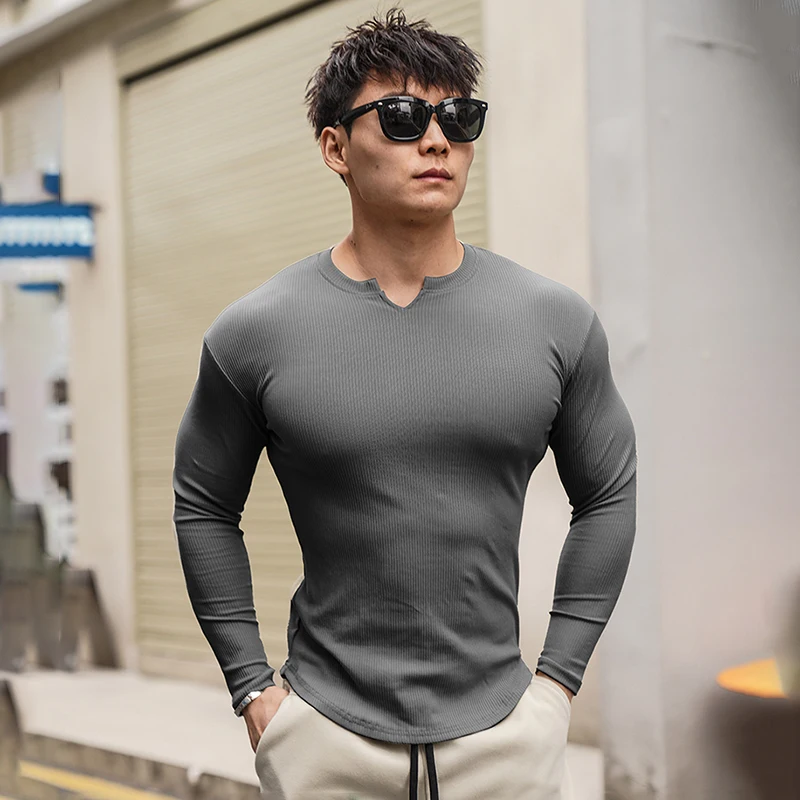 Men's Split O-Neck Long Sleeve T-Shirts Spring Autumn Simple Versatile Tight Pullover Tees Man Ribbed Breathable Sports T-Shirts