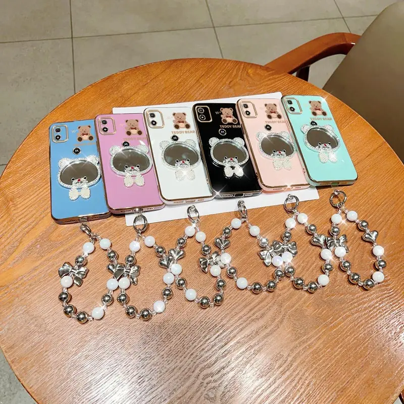 E 13 القوس الدب مرآة اللؤلؤ حزام سوار جراب هاتف على موتورولا موتو E6S E7 زائد Pwer 2021 E13 E20 E22 E32 الوقوف الغطاء الخلفي #6