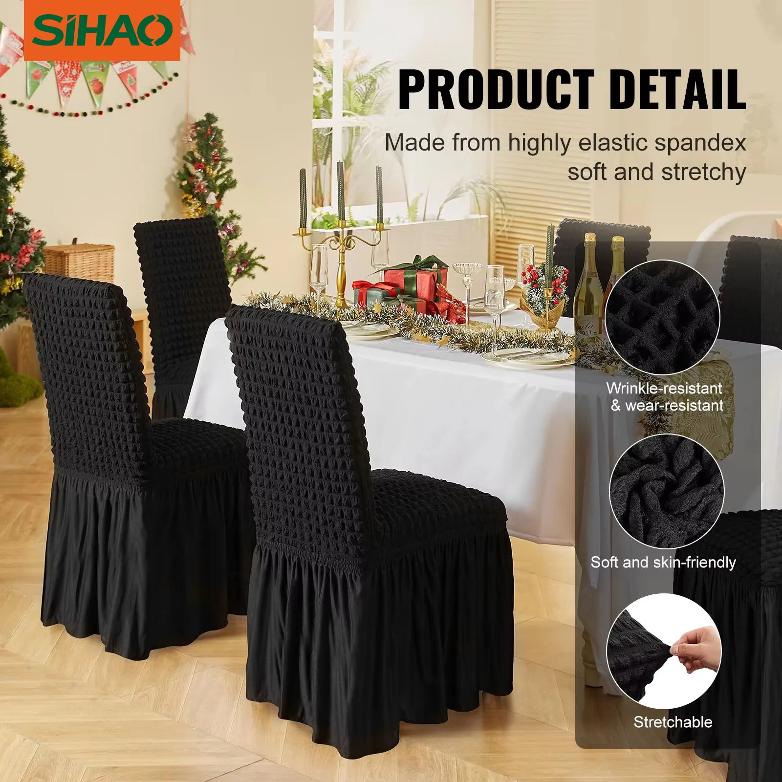 

4 Pcs Black Folding Chair Covers - Elastic Stretch Universal Fit With Detachable Skirt, Machine Washable for Wedding, Banquet