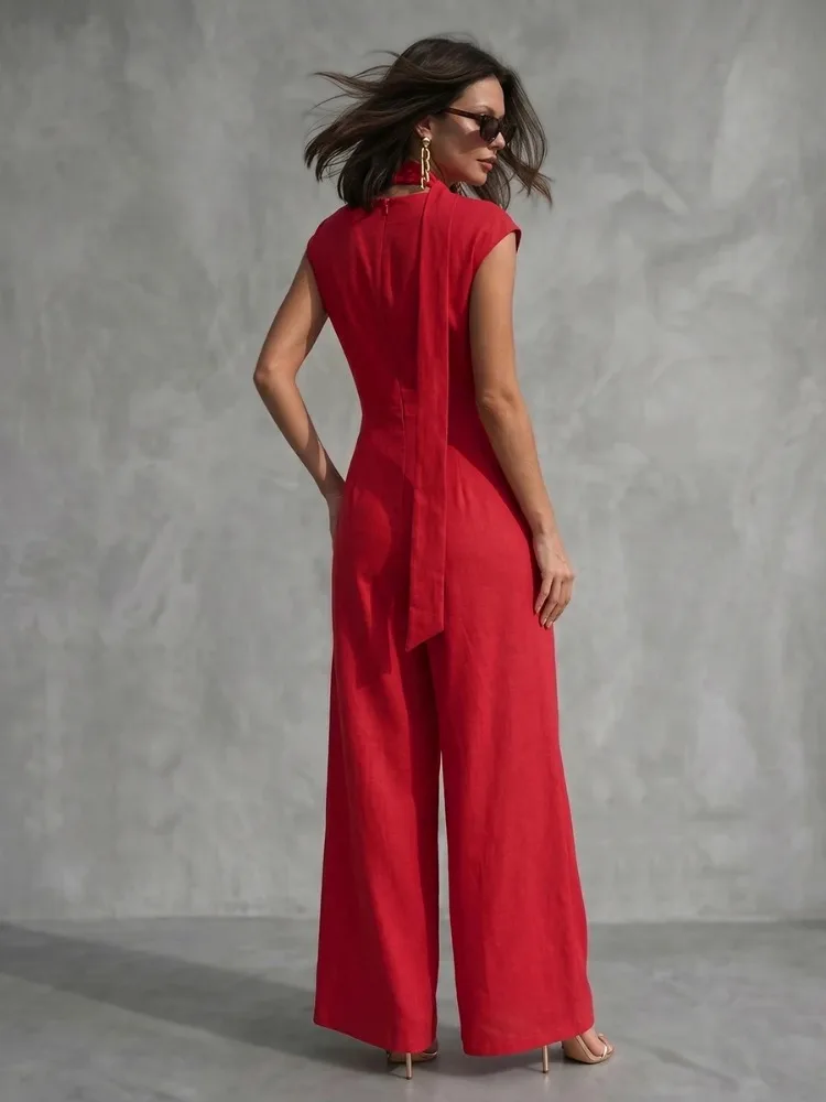 UOOZEE Women's Elegant Party Evening Red Jumpsuit 2026 New Cap Sleeves Deep V-Neck Tie Choker Office Wide Leg Outfits