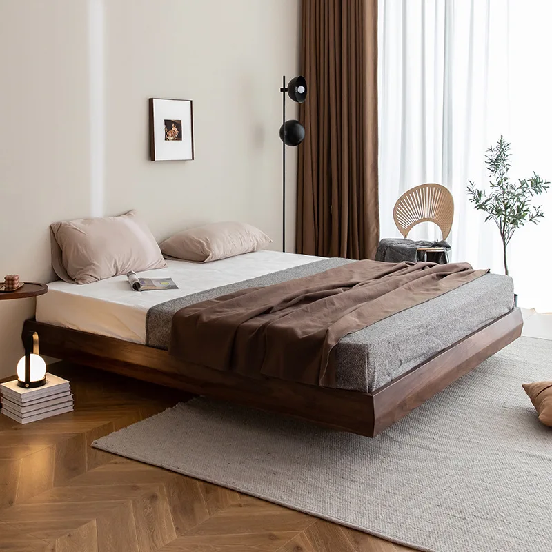 

Nordic black walnut all solid wood bed frame, simple light luxury Japanese minimalist tatami double bed