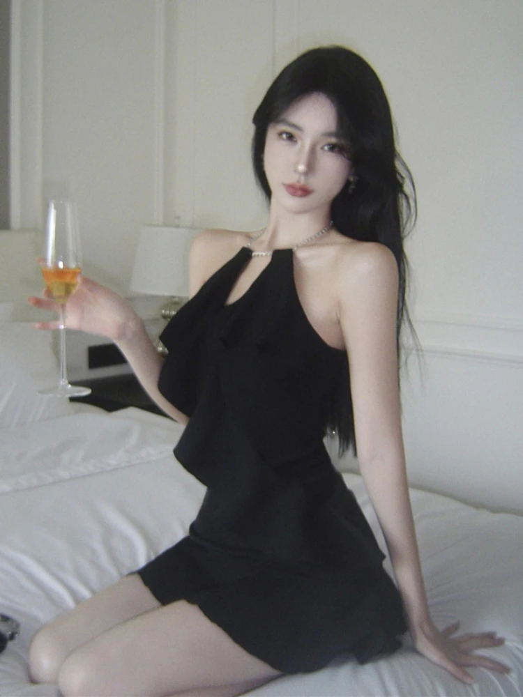 Halter Mini Dress Women Backless Sexy Clubwear Ruffles Slim Aesthetic Trendy Designed Summer French Style Off-shoulder Vestidos