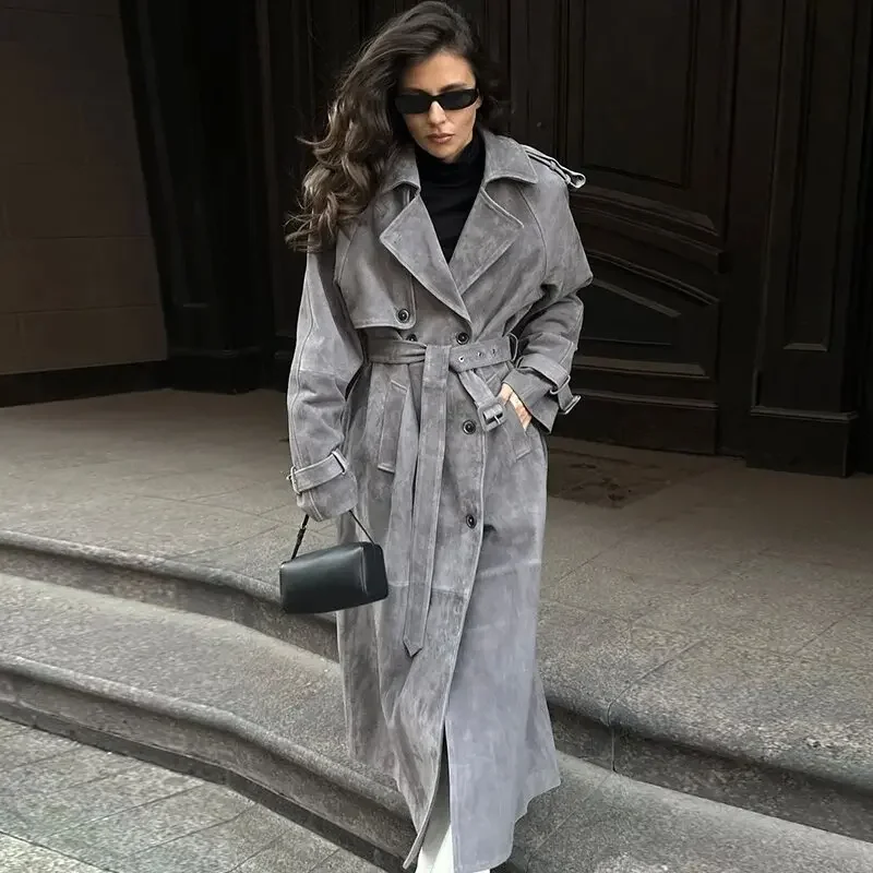 

Уличная одежда, однотонный длинный женский плащ, повседневный пояс с длинным рукавом, лоскутная двубортная женская куртка, осенняя женская ветровка