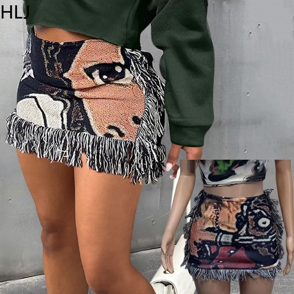 

HLJ Retro Pattern Printing Tassels Mini Skirts Women High Waisteds Slim Bottoms Fashion Female Y2K Trend Zipper Skirt Streetwear