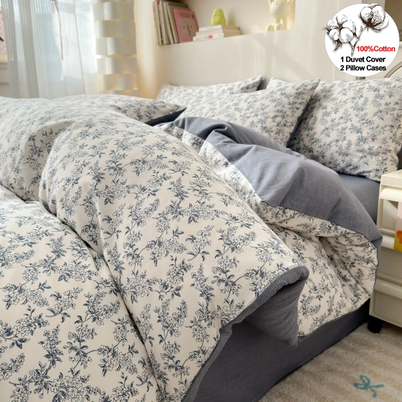 Luxurious 100% Cotton Floral Bedding Set Duvet Cover Set - Ultra Soft Breathable, 1 Duvet Cover 2 Pillowcases,Single/Double/King