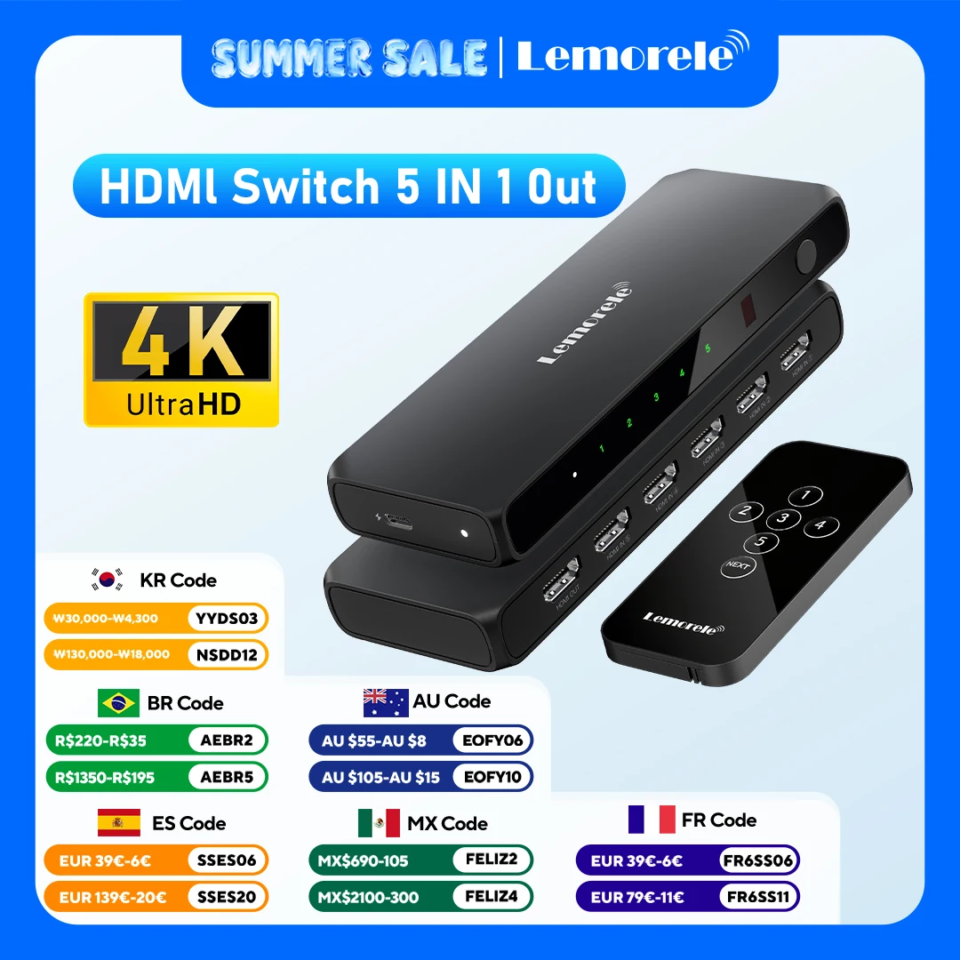 Lemorele G96 commutateur HDMI 5 en 1 sortie 4K @ 30Hz HDMI avec télécommande 5 ports répartiteur de commutateur HDMI HDR HDCP2.3 pour Xbox PS5/4 PC TV