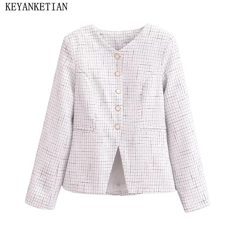 

KEYANKETIAN 2024 New Launch Women's Tweed Plaid Suit Spring V-Neck Single Breasted Slim Elegant Office Lady Outerwear Short Top