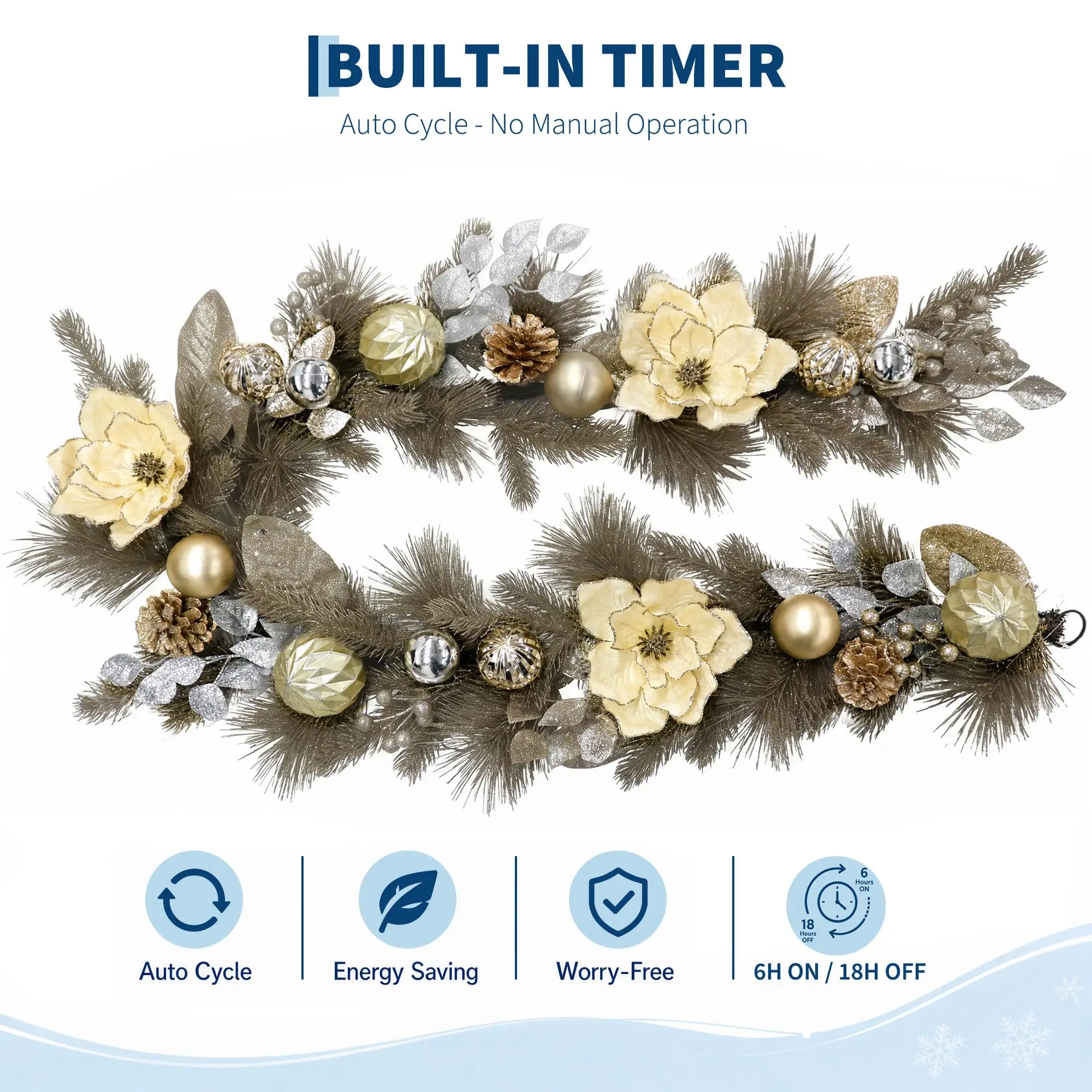 6ft Pre-Lit Christmas Garland With 20 Battery Led Lights, 8 Modes Timer, Gold Silver Ball Ornaments For Mantel Stairs Fireplace Decor - view 5