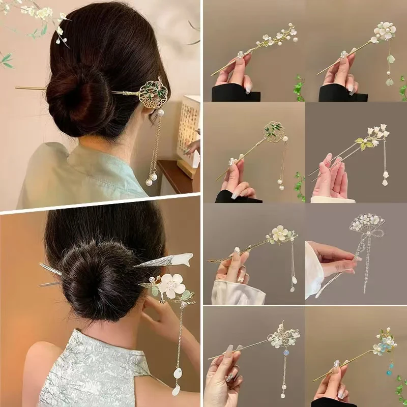 6pc/set Elegant Chinese Hair Clips Tassels Traditional Hair Sticks Women\'s Retro Metal Flowers Jade Decorations Hair Accessories